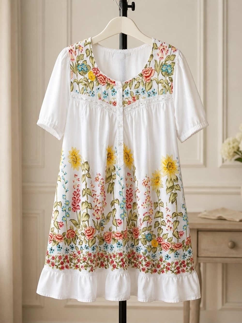 VTG White Floral Embroidered Button-Front Nightgown with Yellow Sunflower Print - Picture 2 of 9